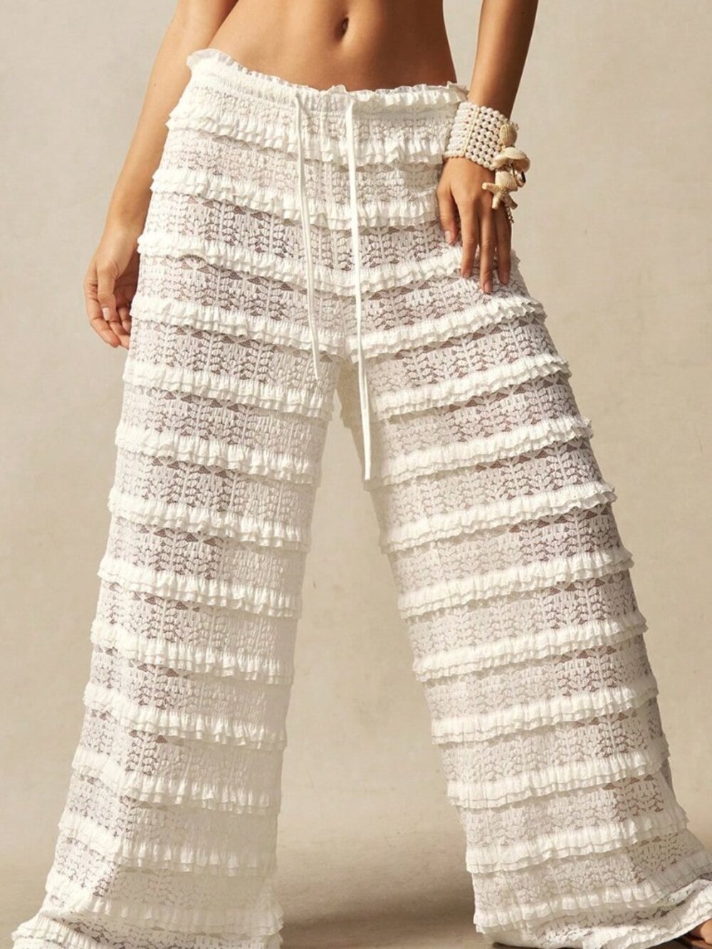 White Boho Casual Women's High Waist Wide Leg Knit Lace Frill Pants - Picture 6 of 8